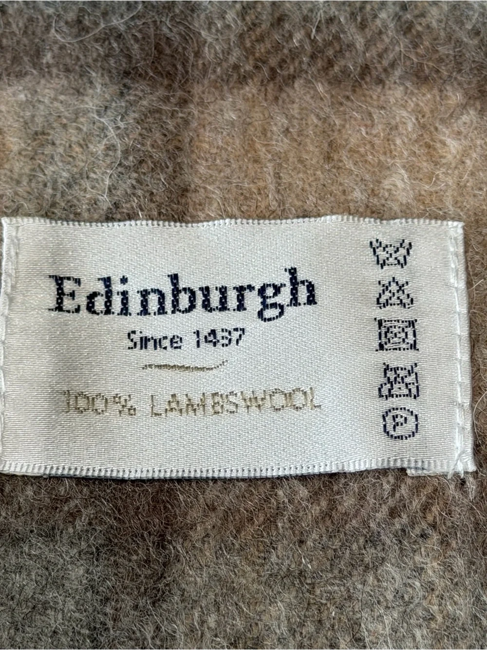 Edinburgh Plaid 100% Lambswool Fringed Scarf Tan Gray 6-1/4” x 62”